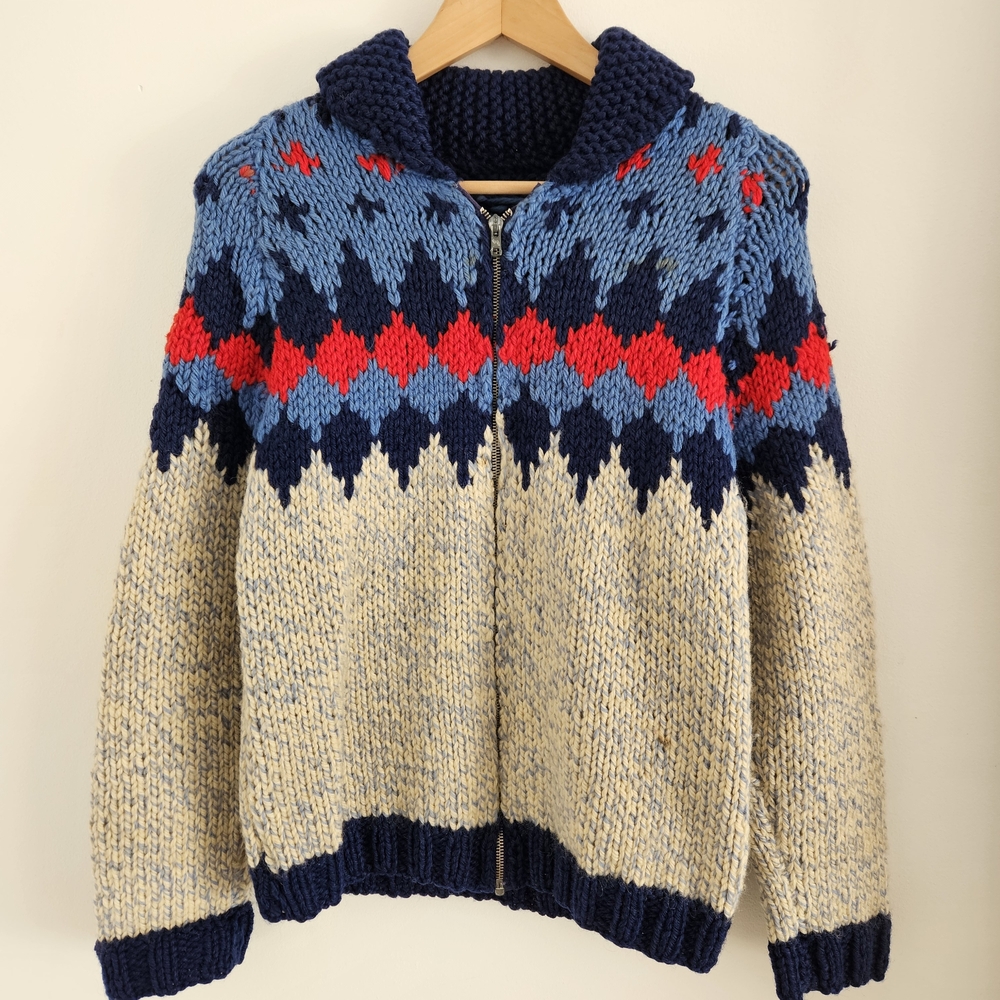 1930s/1940s Navy and Red Patterned Wool Sweater